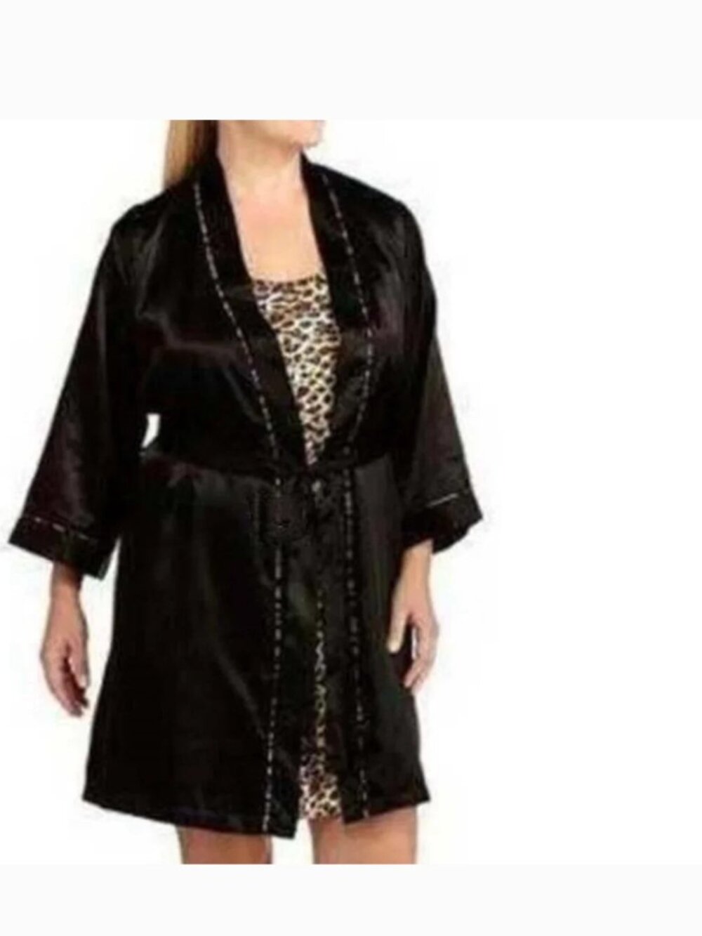 George Satin Robe & Nightgown Womens M Black Brown Animal Print Chemise Set